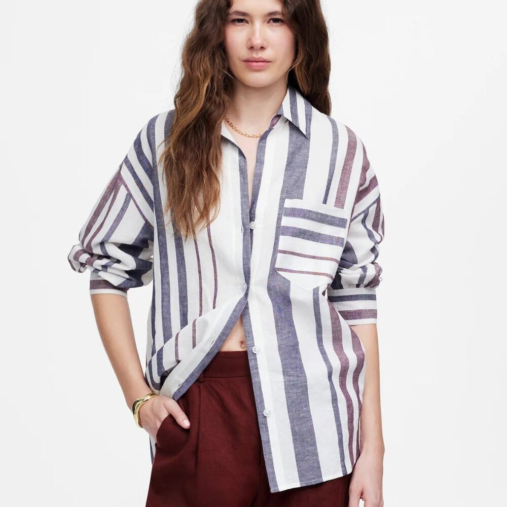 Madewell Womens Size XXS Shirred Button Up Shirt in Linen Cotton FLAW $98 1019